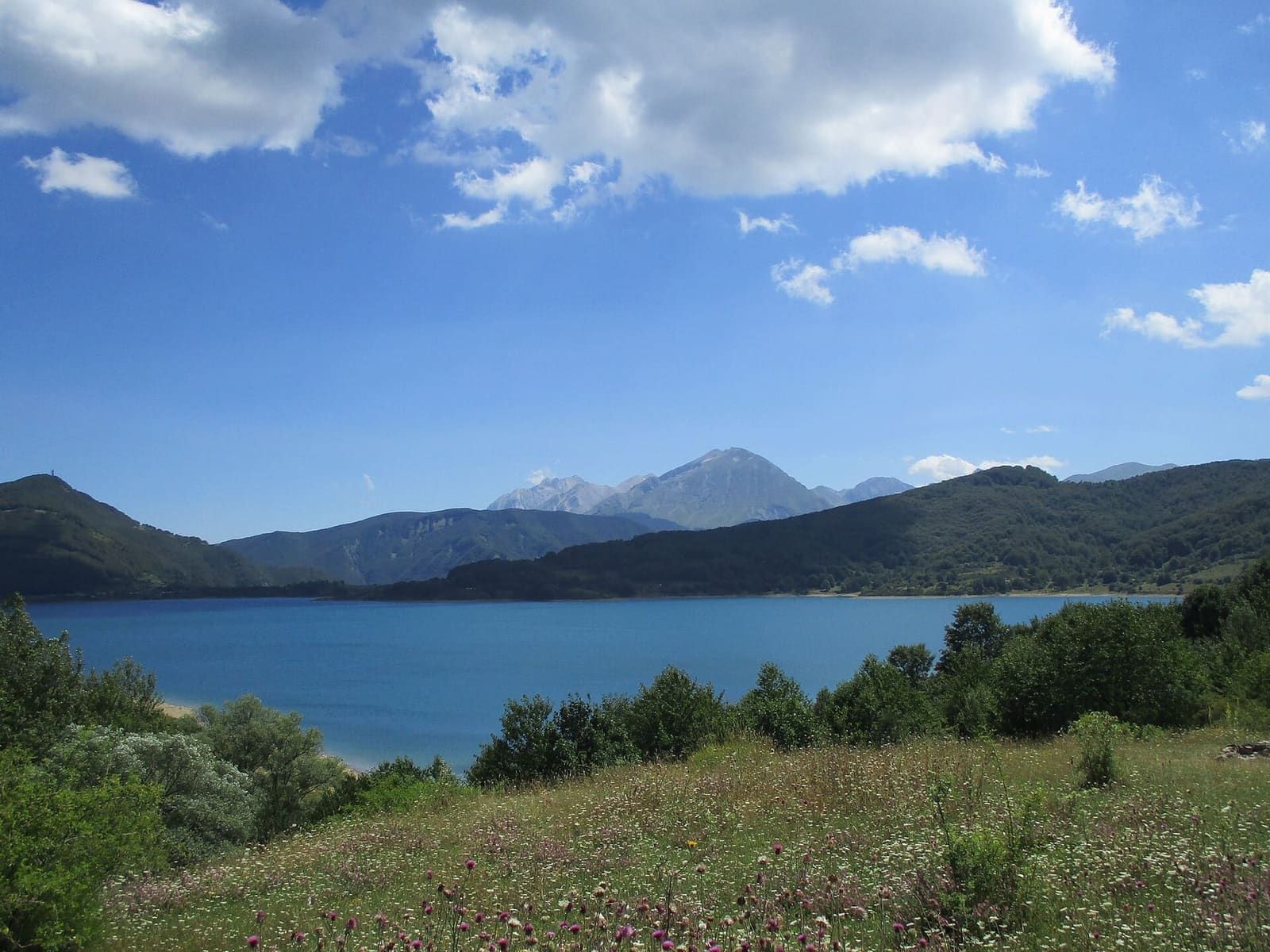 der Lago di Campotosto an einem Augusttag, mit den Uferwiesen im Vordergrund