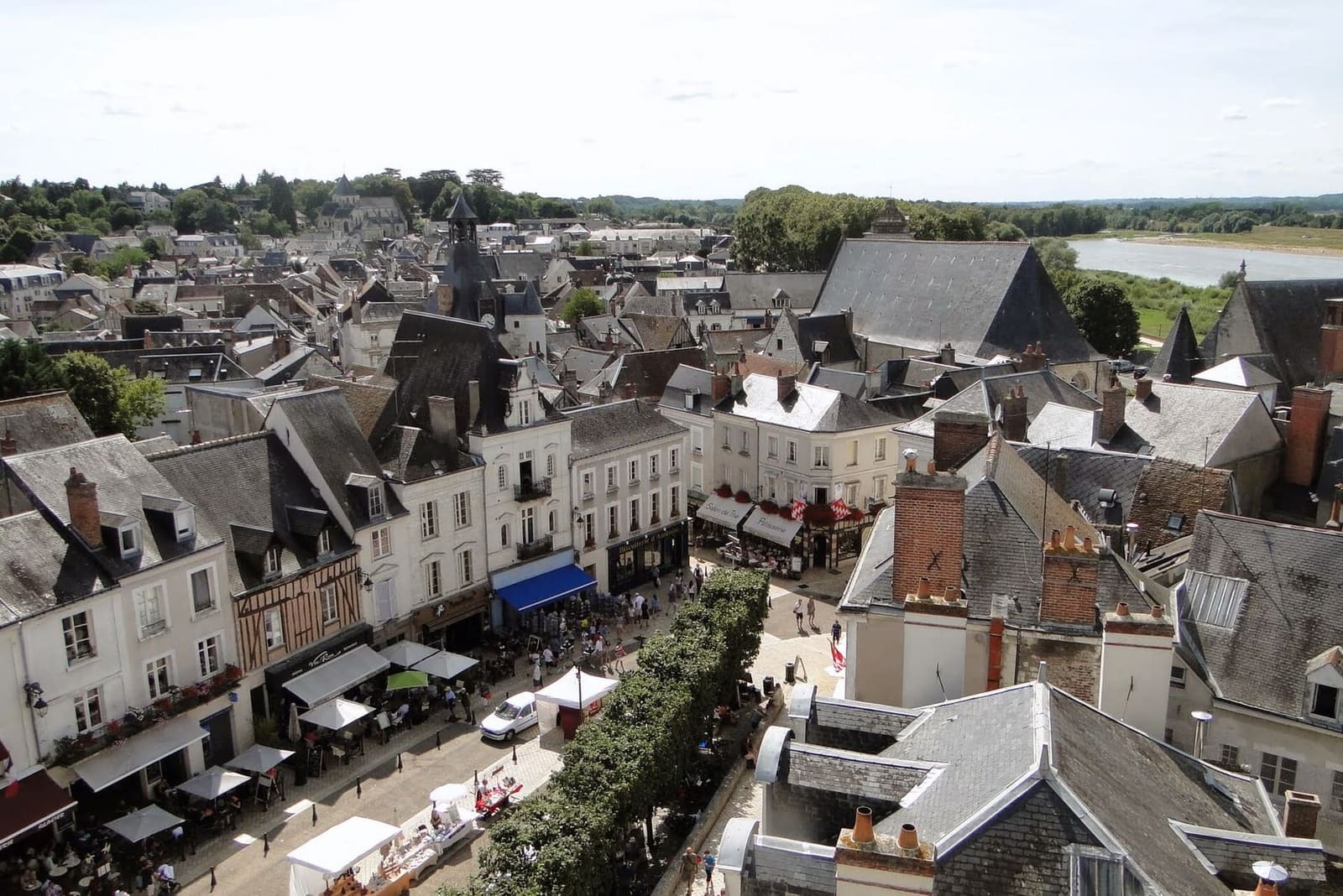 the roofs of the old town seen from the château, with the Loire beyond