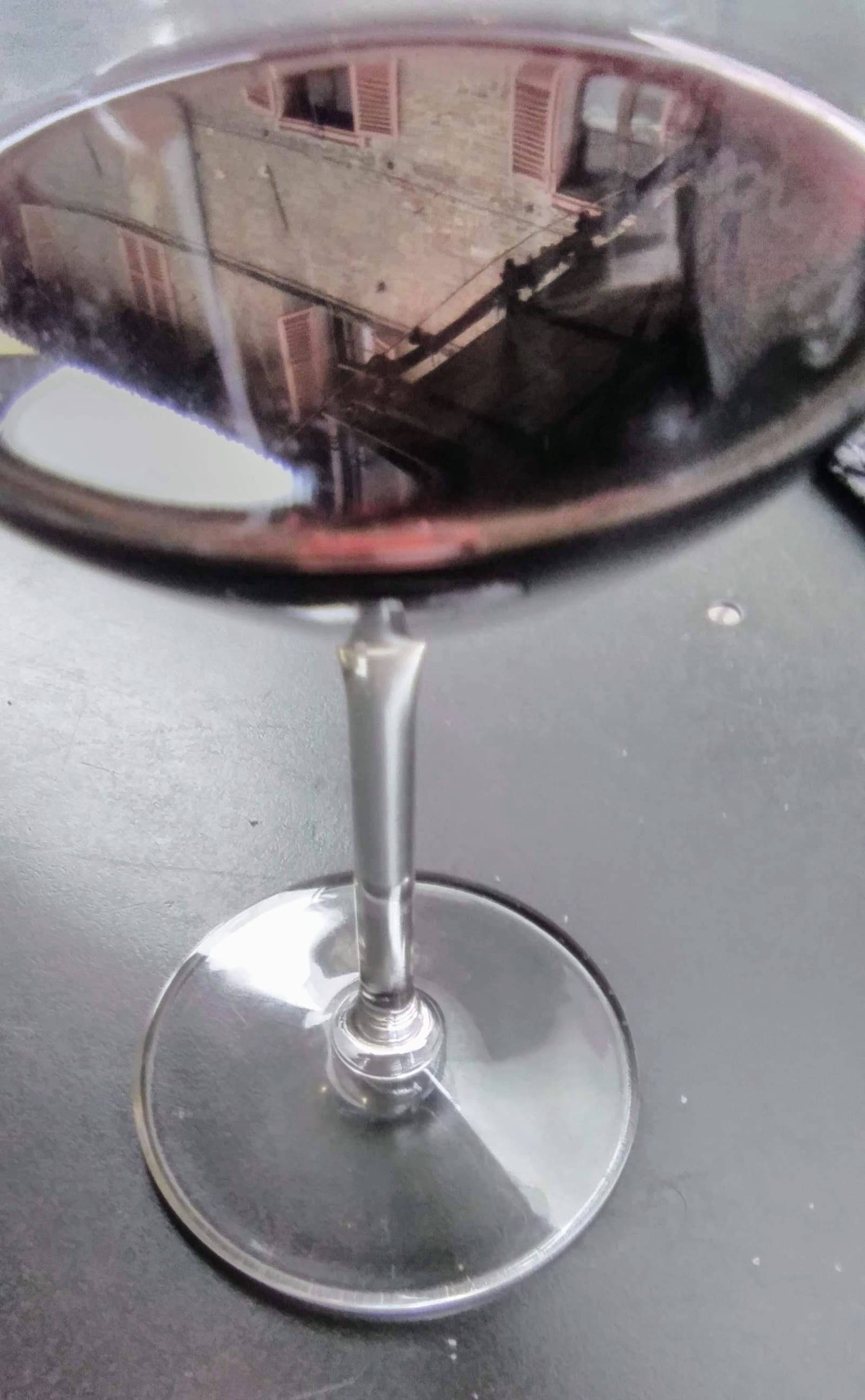 a medieval house in Alba reflected in a glass of Dolcetto d'Alba