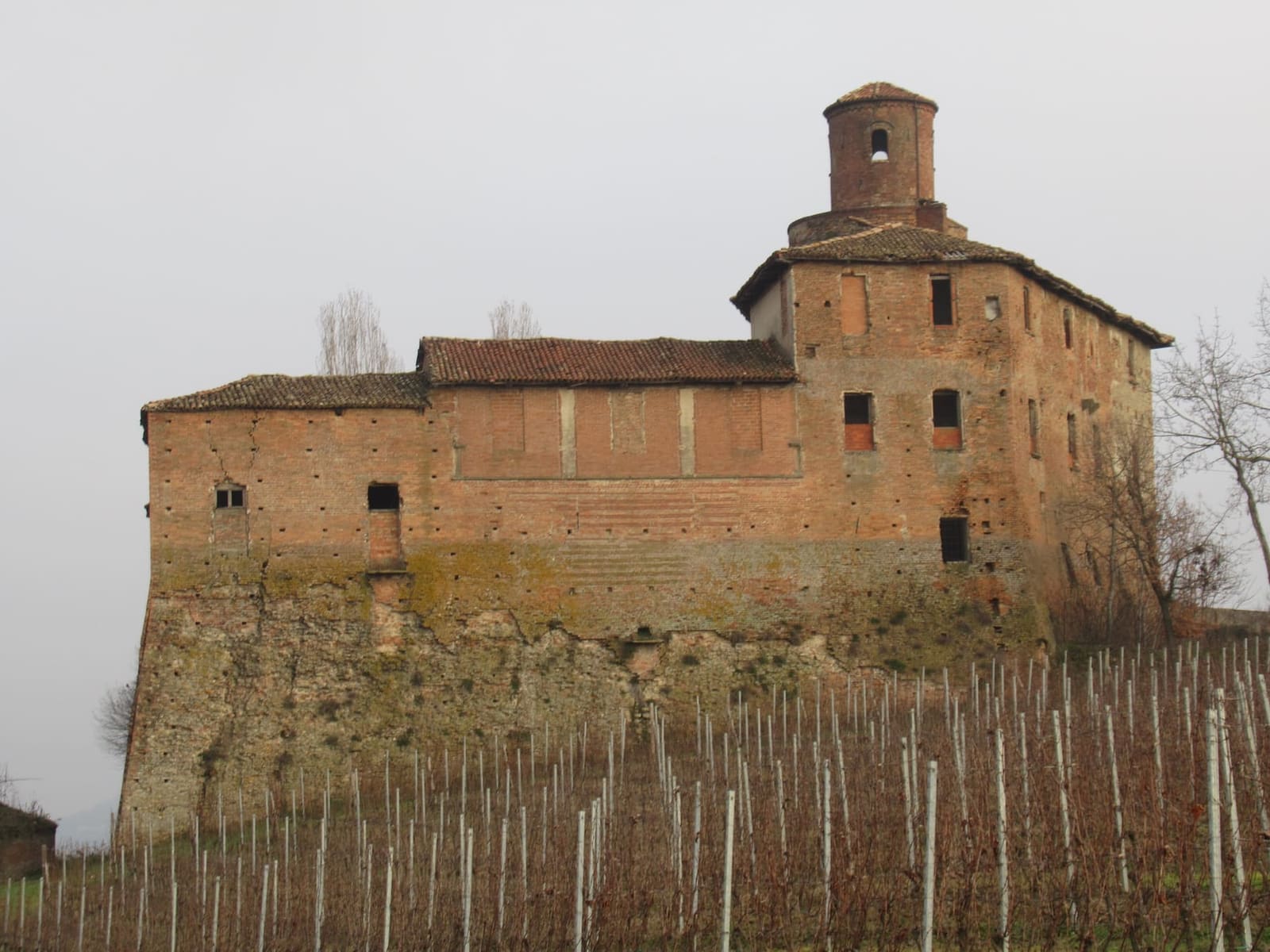 il Castello della Volta, di mattoni con la torre tonda, sopra le vigne d'inverno