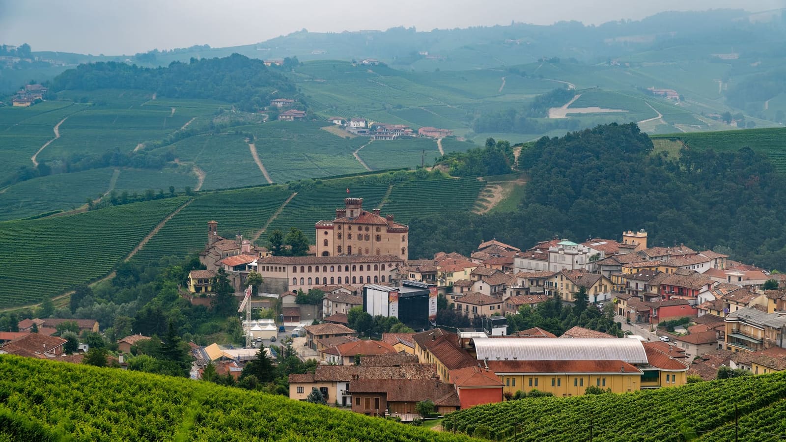 il paese e il castello dalle vigne a ovest, in una giornata di foschia, con le colline dietro