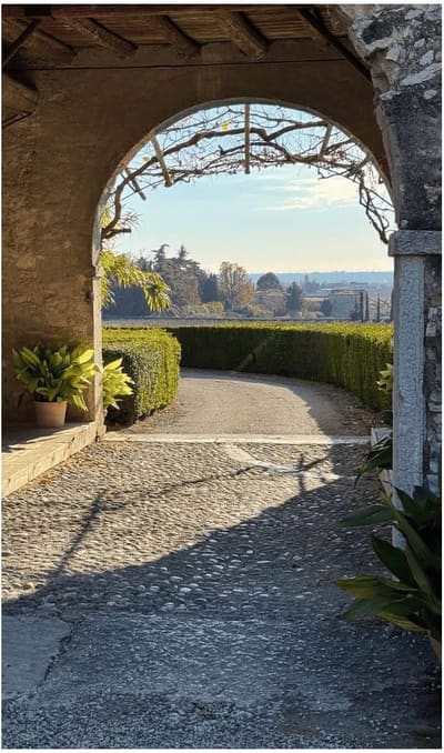 l'arco della tenuta aperto sulla stradina fra le siepi, con la pianura veronese sul fondo