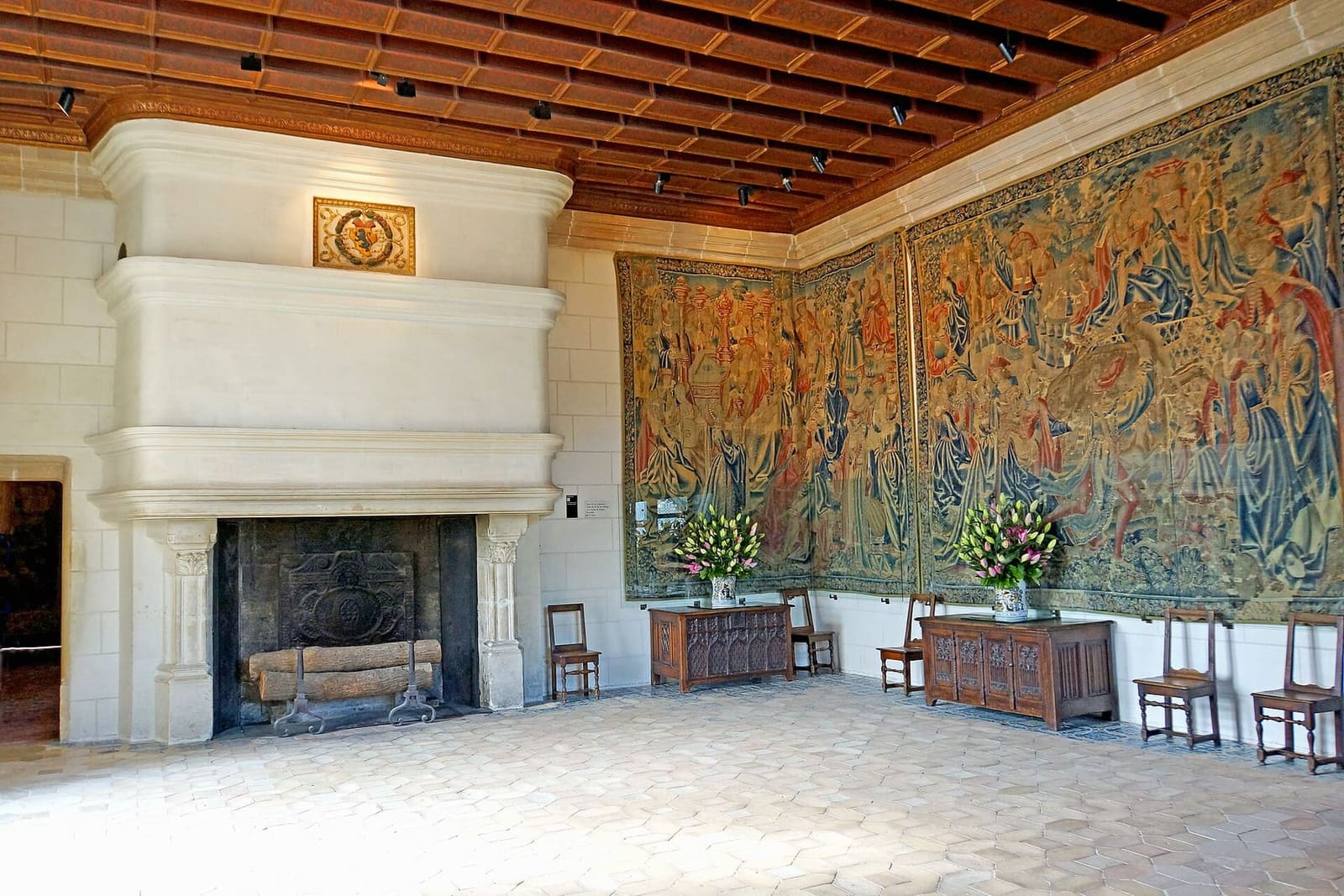 la salle des Gardes, avec la cheminée du XVIe siècle et les tapisseries aux murs
