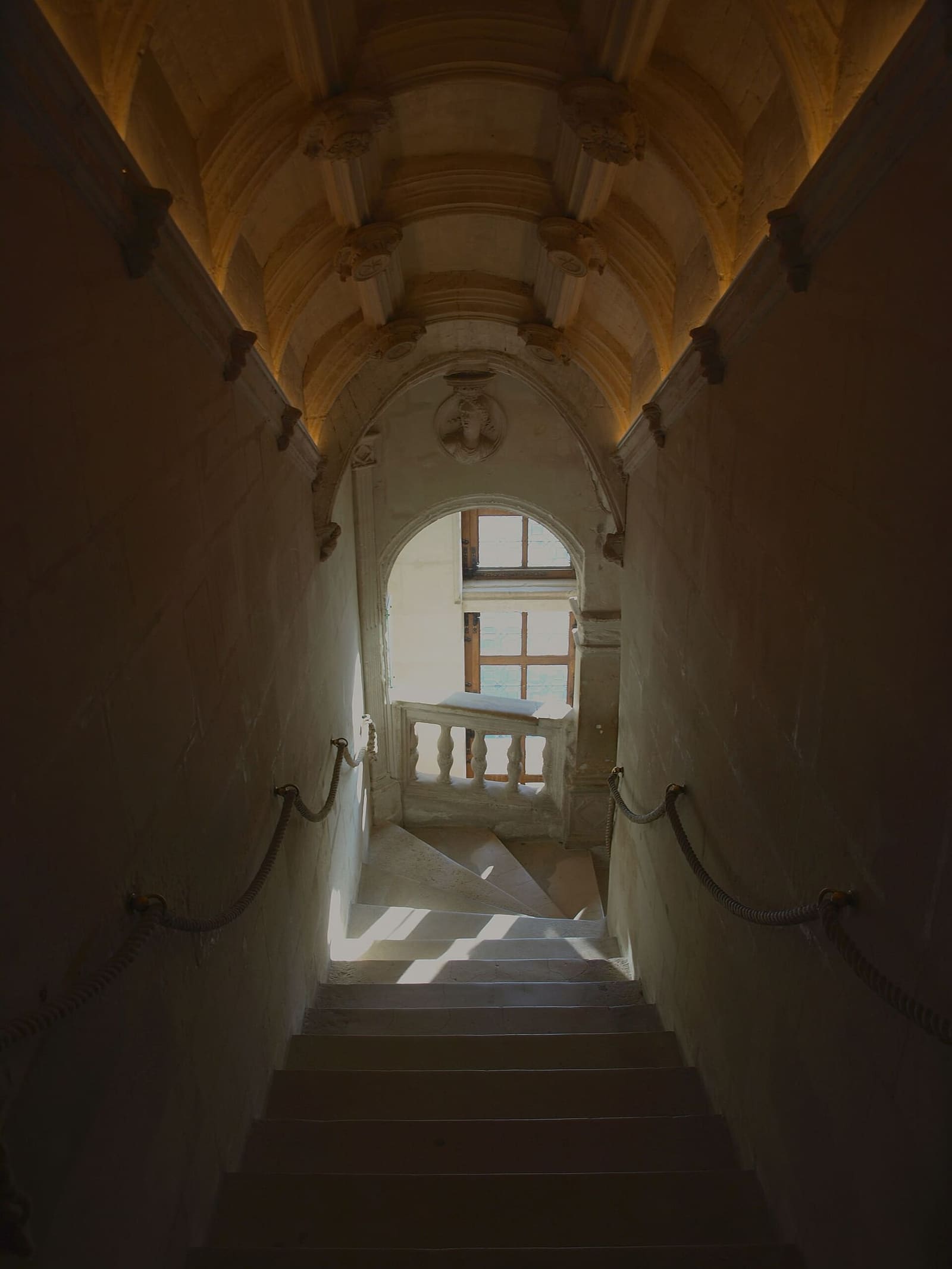 l'escalier droit du logis, avec son plafond sculpté