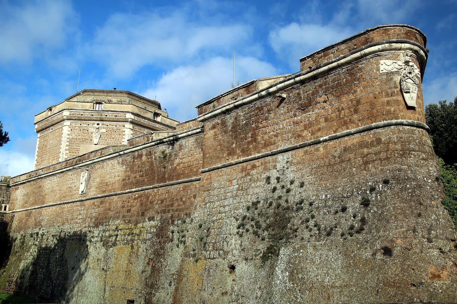 i bastioni a scarpa del pentagono, con lo stemma sullo spigolo arrotondato e il mastio ottagonale dietro