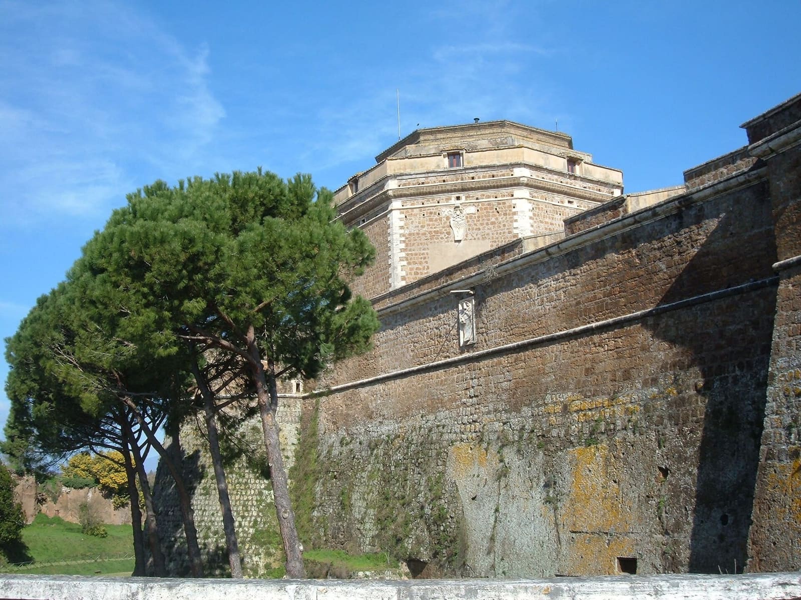 il Forte Sangallo dal fossato, con la cortina di tufo, i pini e in alto il mastio ottagonale
