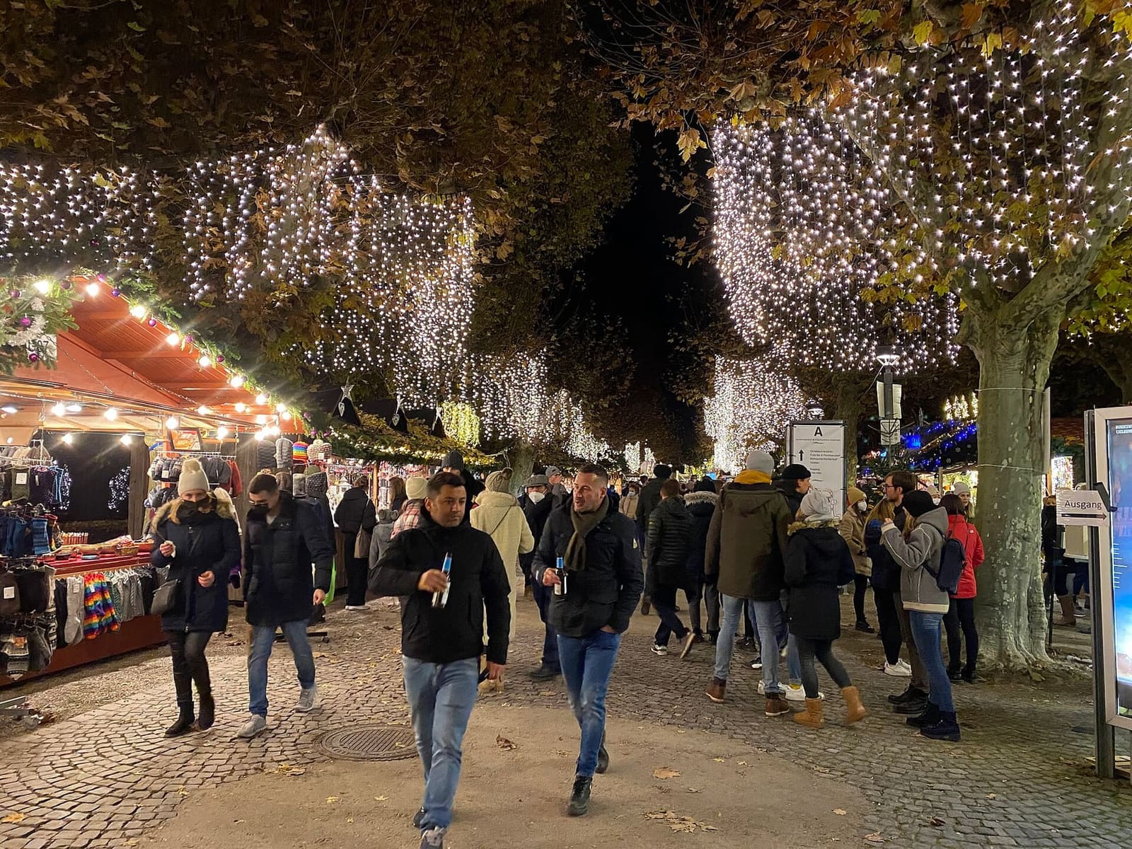 le luci del mercatino di Natale appese ai platani lungo la riva, una sera di novembre