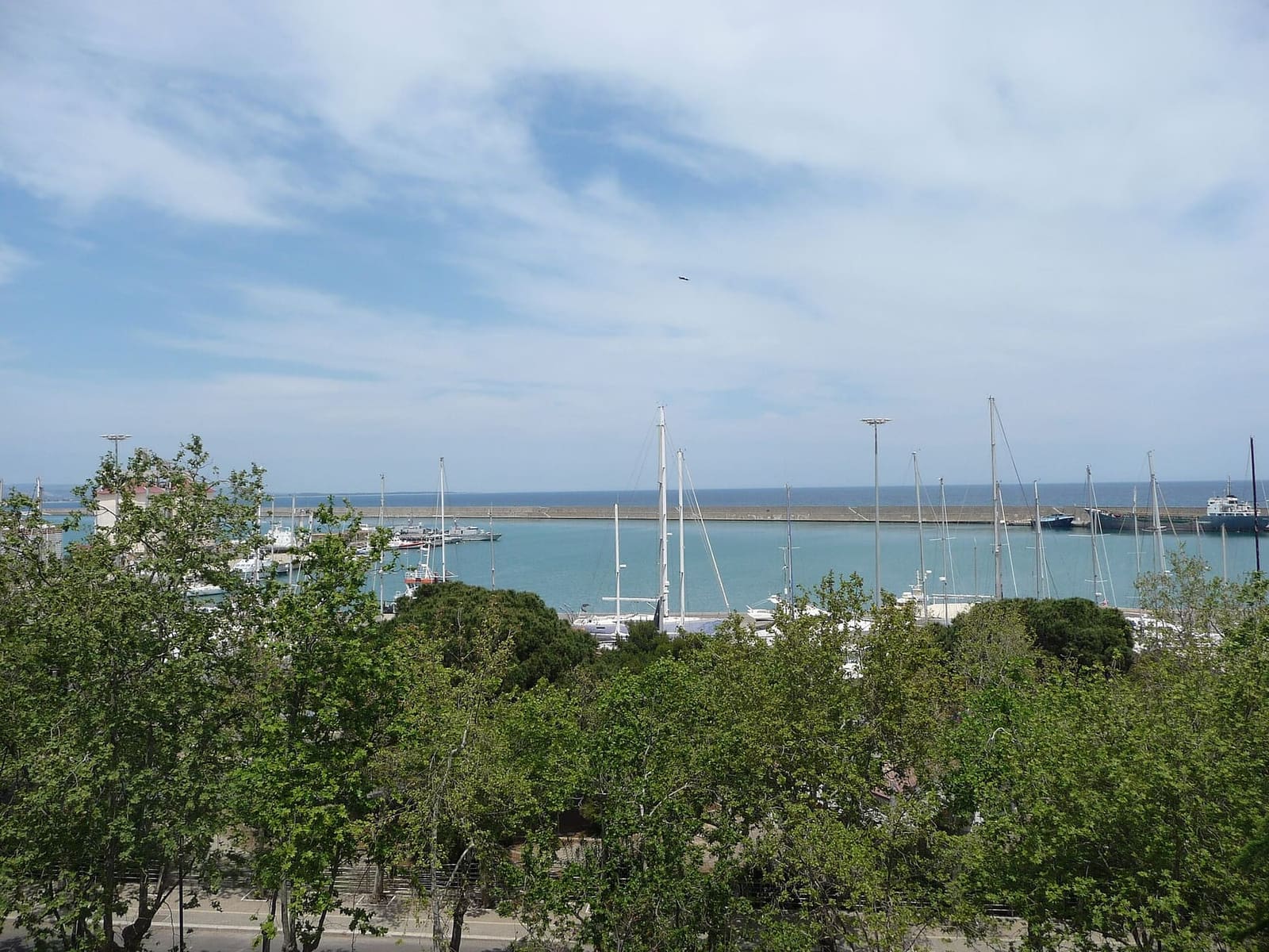 il porto visto dall'alto, con le barche a vela e la diga in fondo