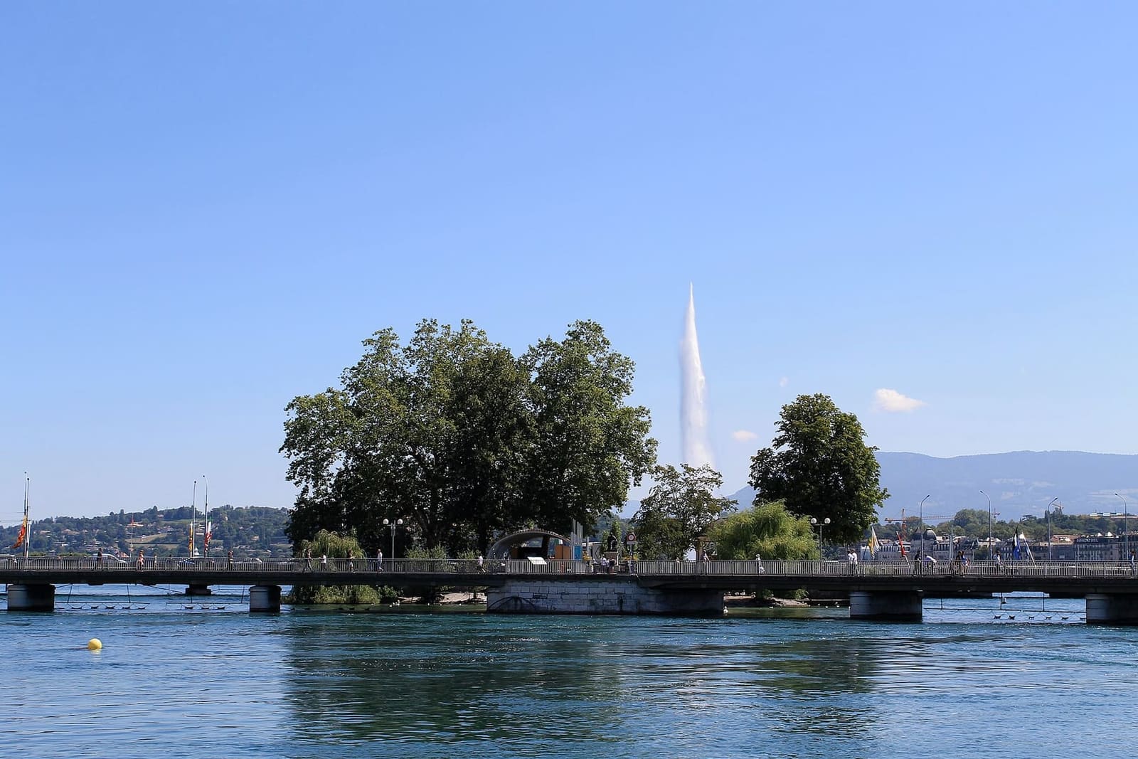 l'île Rousseau sul Rodano, con il ponte delle Bergues e il Jet d'eau dietro gli alberi