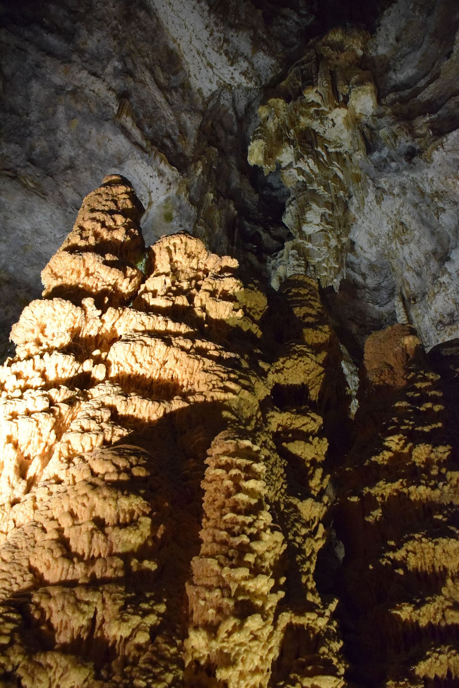 le stalagmiti dorate, cresciute a strati come cera colata, che salgono verso il soffitto