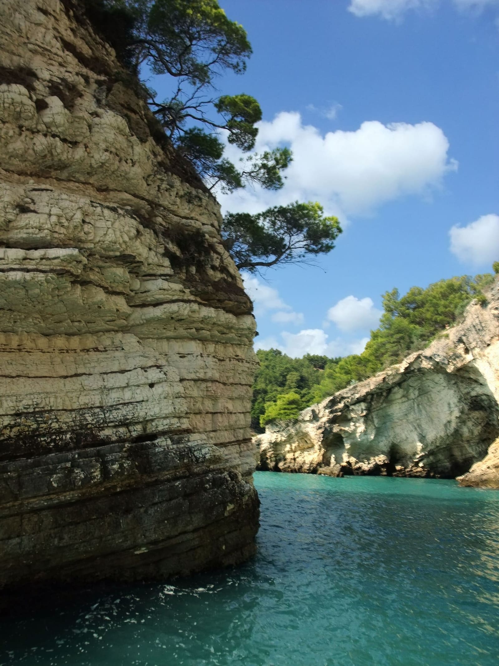 la falesia a strati vista da sotto, con l'acqua verde