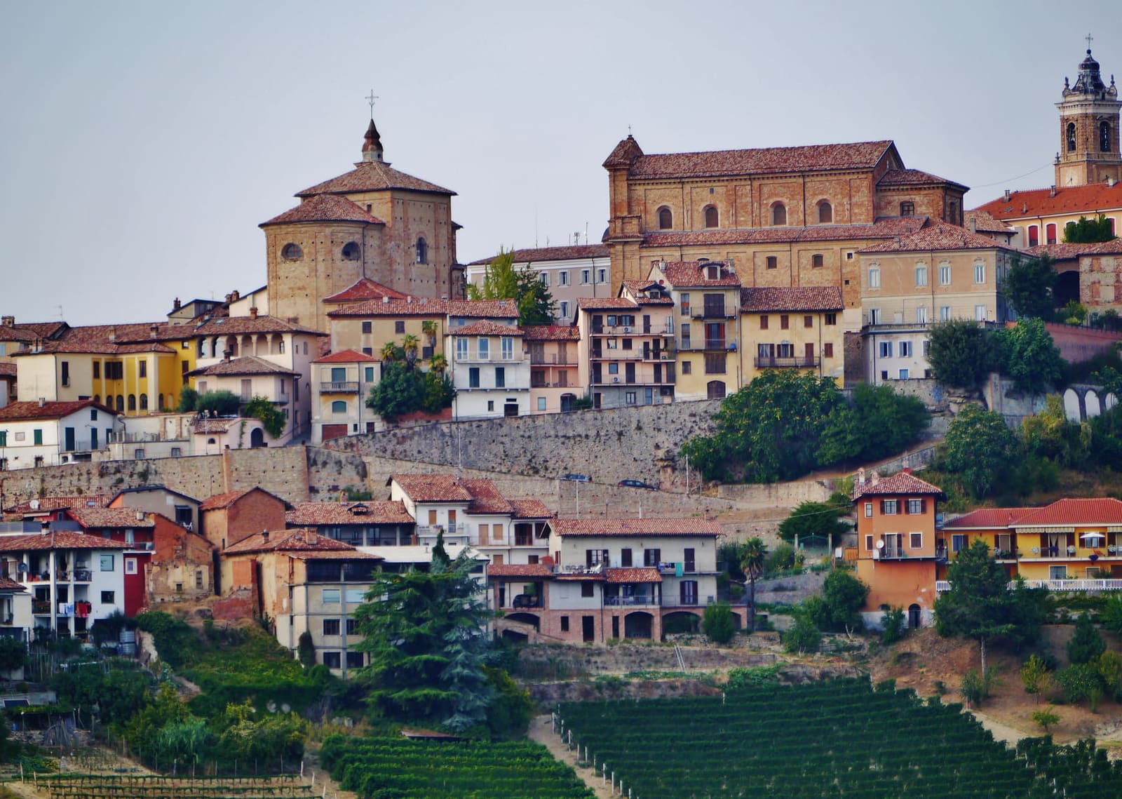 le case di La Morra a gradoni sopra le vigne, con le chiese e il campanile in cima