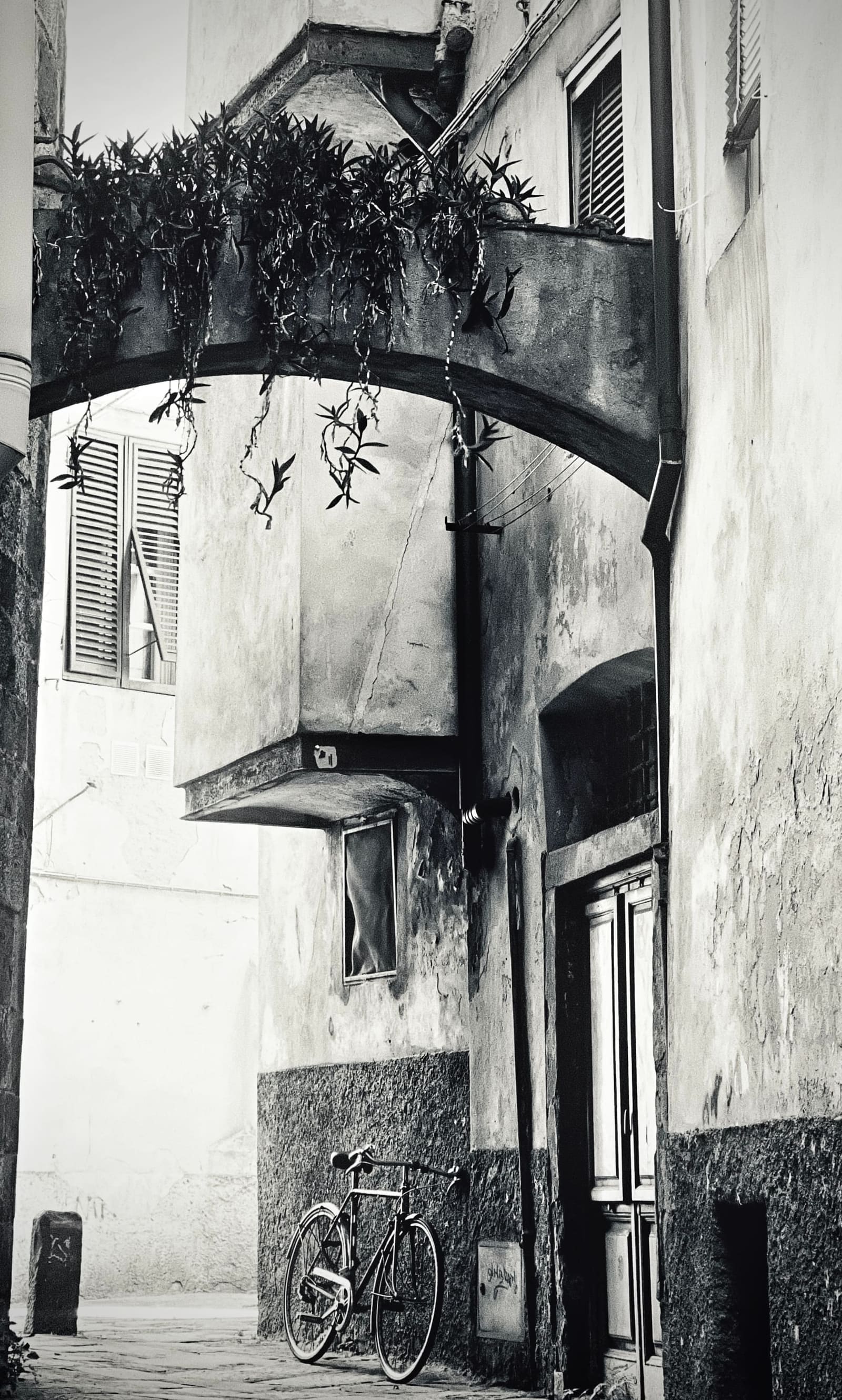 un vicolo con la bicicletta e il ballatoio sospeso, vicino alla Porta dei Borghi