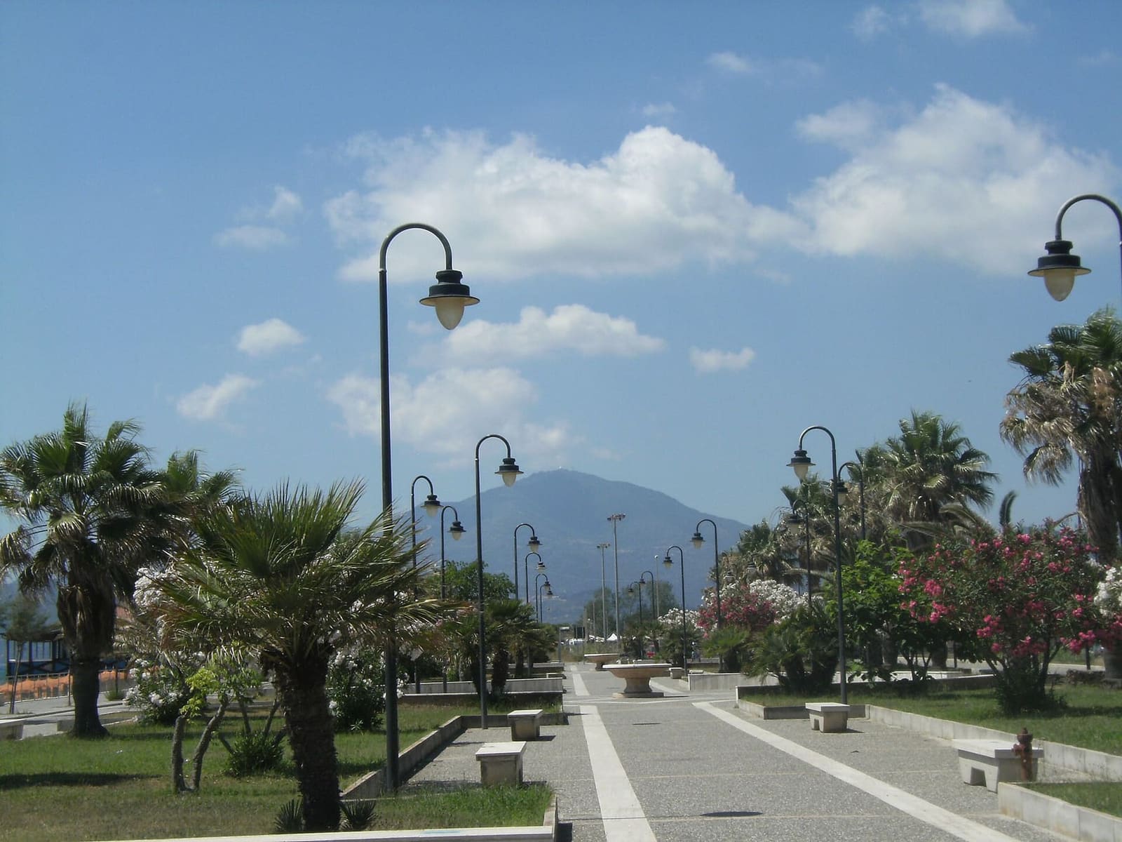 il lungomare con le palme e i lampioni, e i monti in fondo