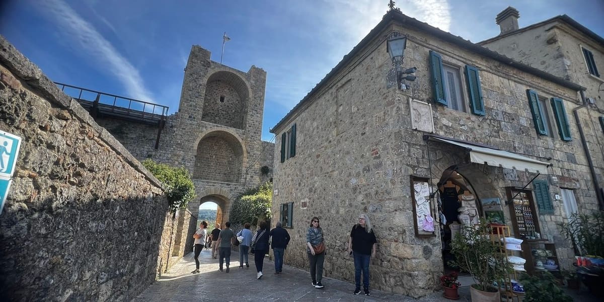 la porta del castello con la torre sopra l'arco, le mura e le botteghe della via