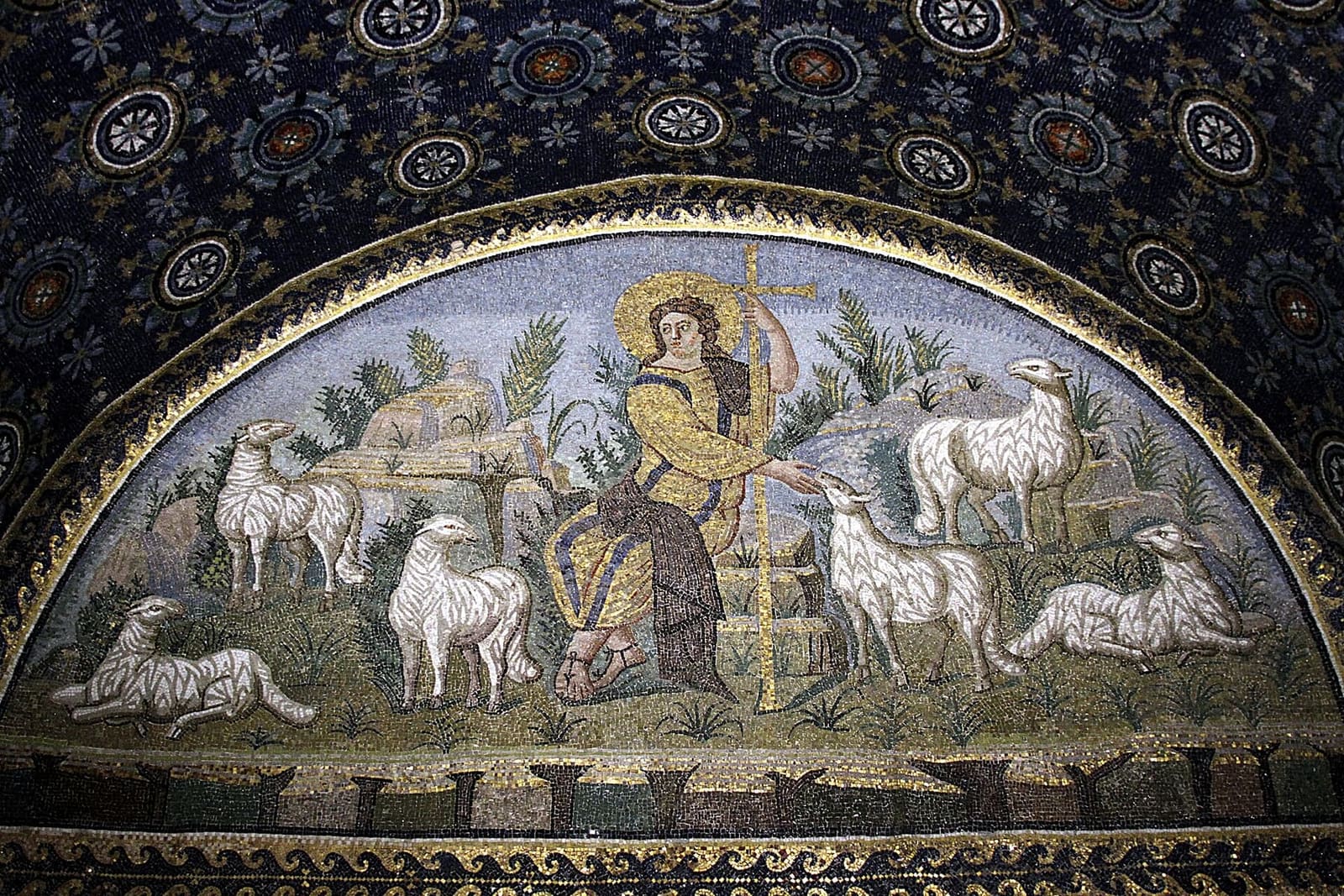the Good Shepherd among the sheep in the lunette above the entrance of the Mausoleum of Galla Placidia
