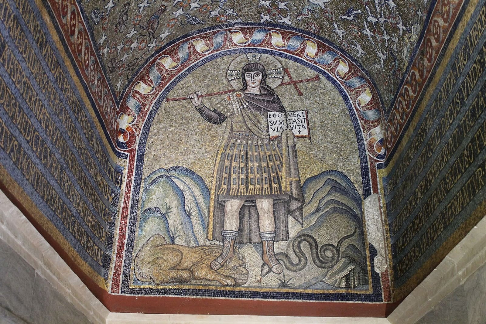 the warrior Christ in armour trampling the lion and the serpent, in the vestibule of the Chapel of Sant'Andrea