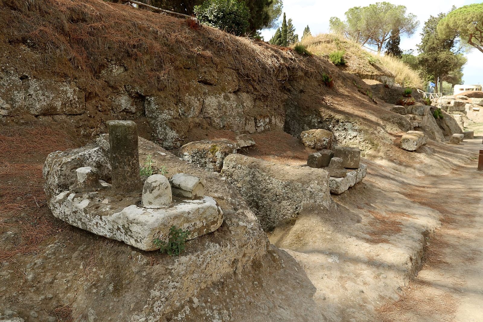 i segnacoli delle tombe lungo la via sepolcrale principale: una colonnina e altre pietre scolpite su un basamento di tufo, e dietro i tumuli
