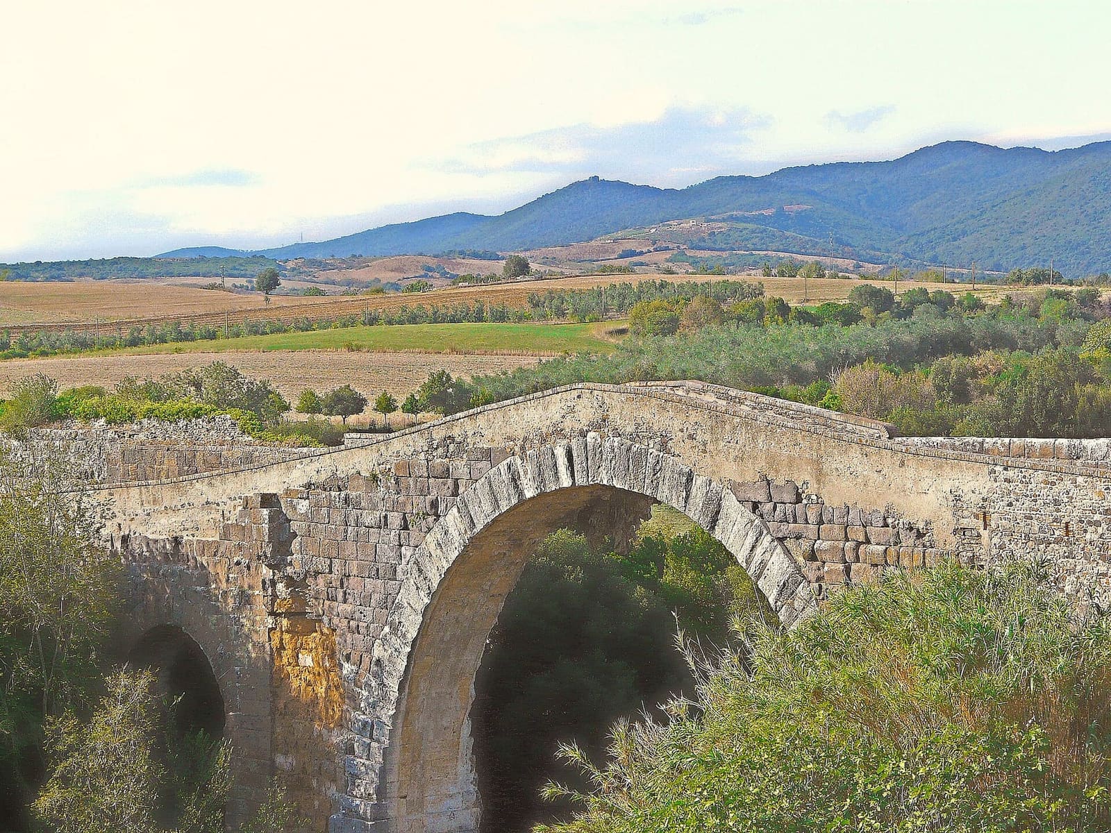 il ponte dell'Abbadia di profilo, con l'arcata grande, la schiena d'asino del passaggio e dietro la campagna e le colline