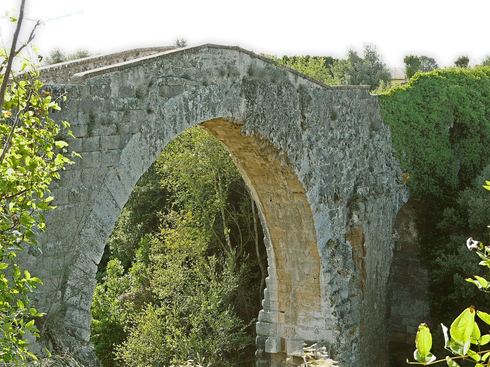 l'arcata del ponte dell'Abbadia da vicino, con i blocchi squadrati della ghiera e le colature di calcare che scendono dalla pietra