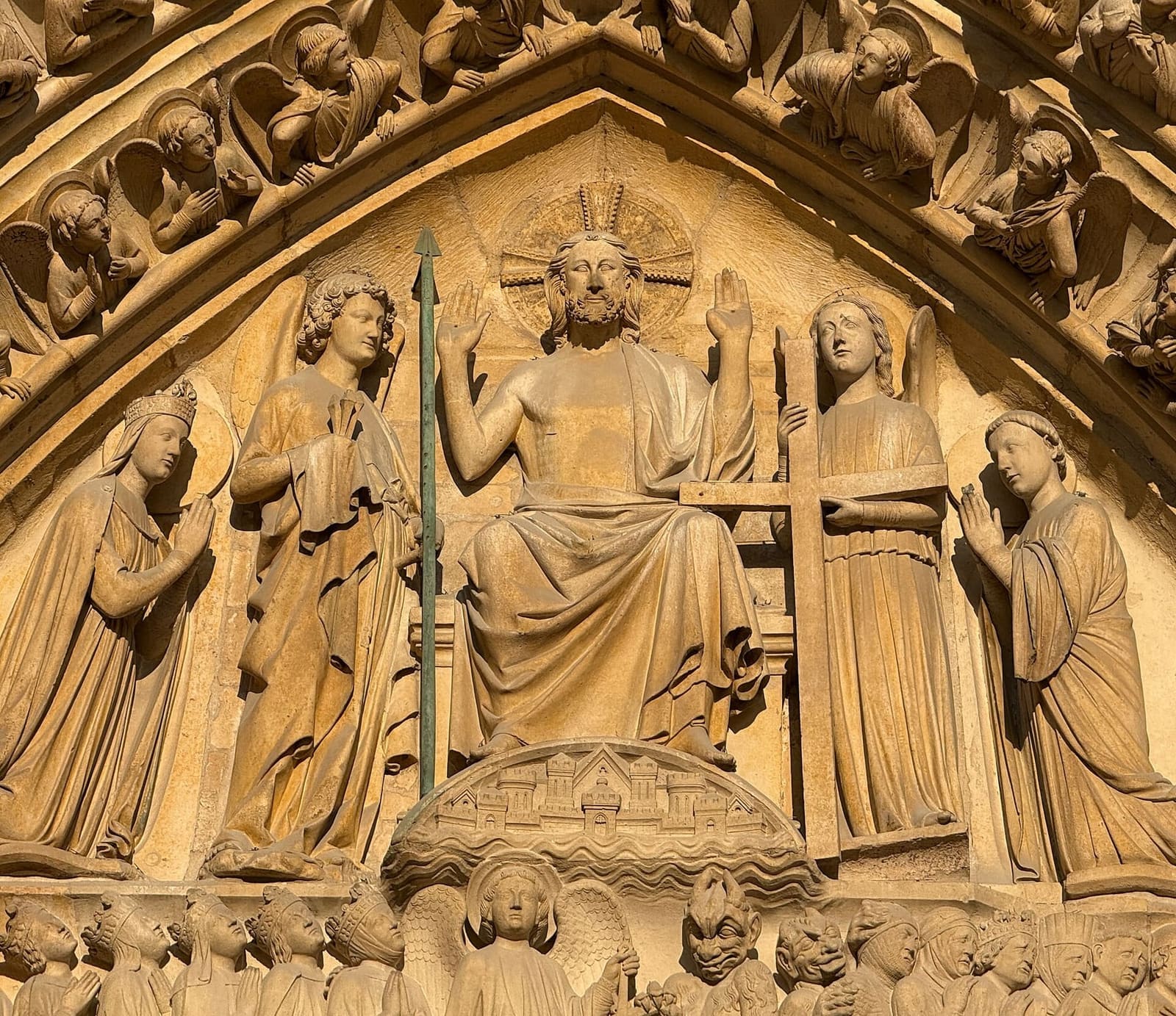Christ the Judge in the tympanum of the central portal of Notre-Dame, in the evening light