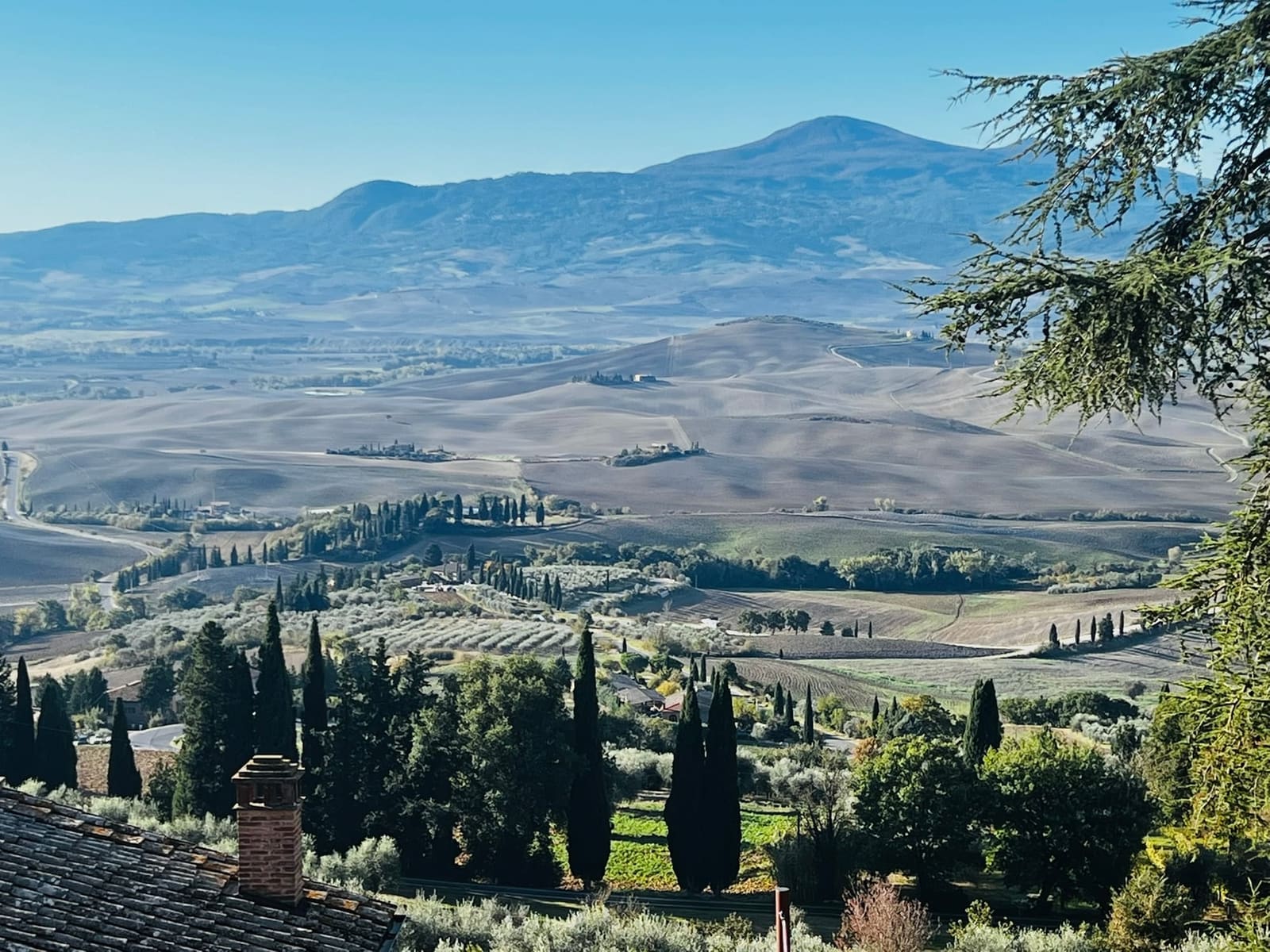 le colline arate e il monte Amiata, fra i cipressi