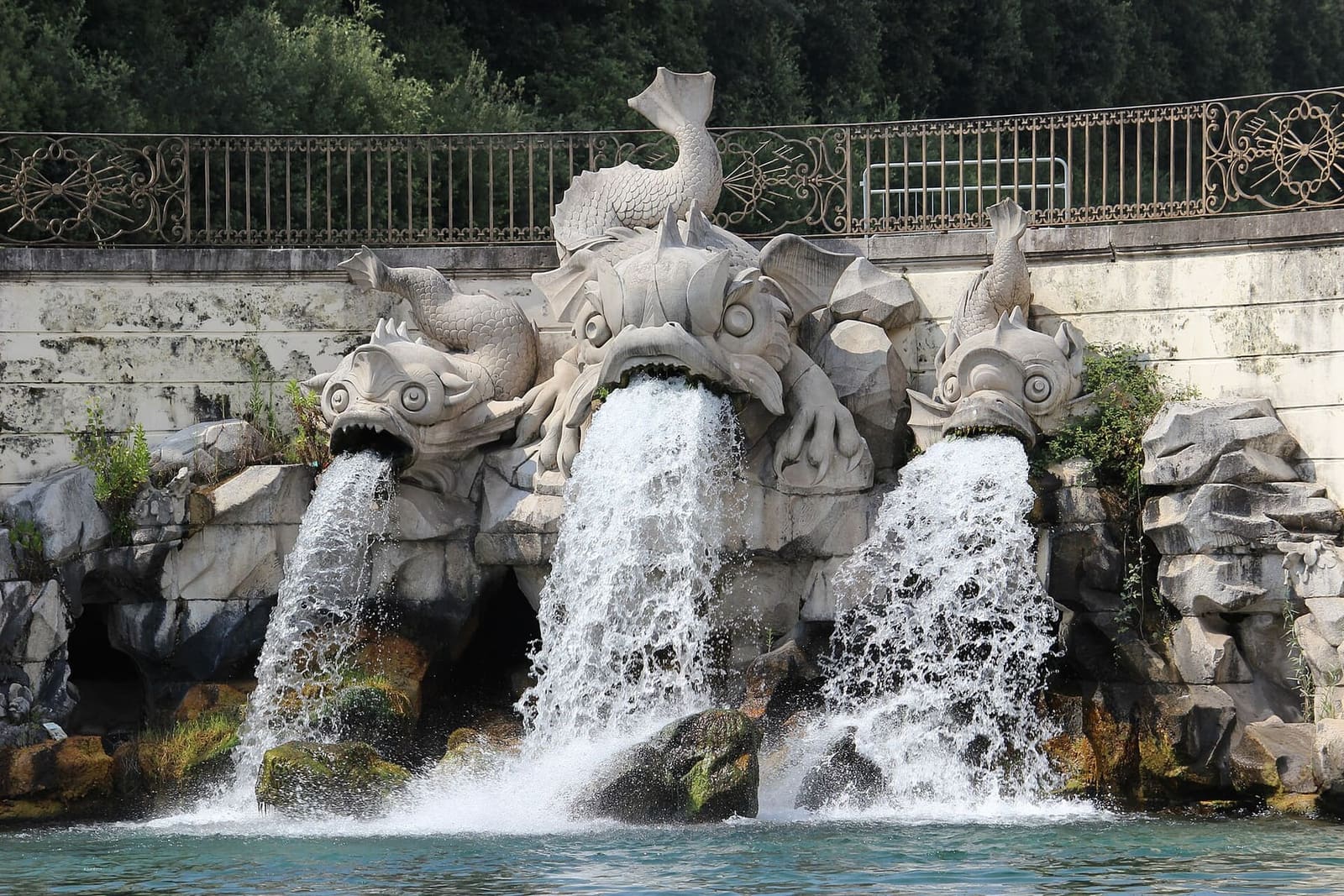 i delfini di pietra della fontana dei Delfini che gettano l'acqua nella vasca