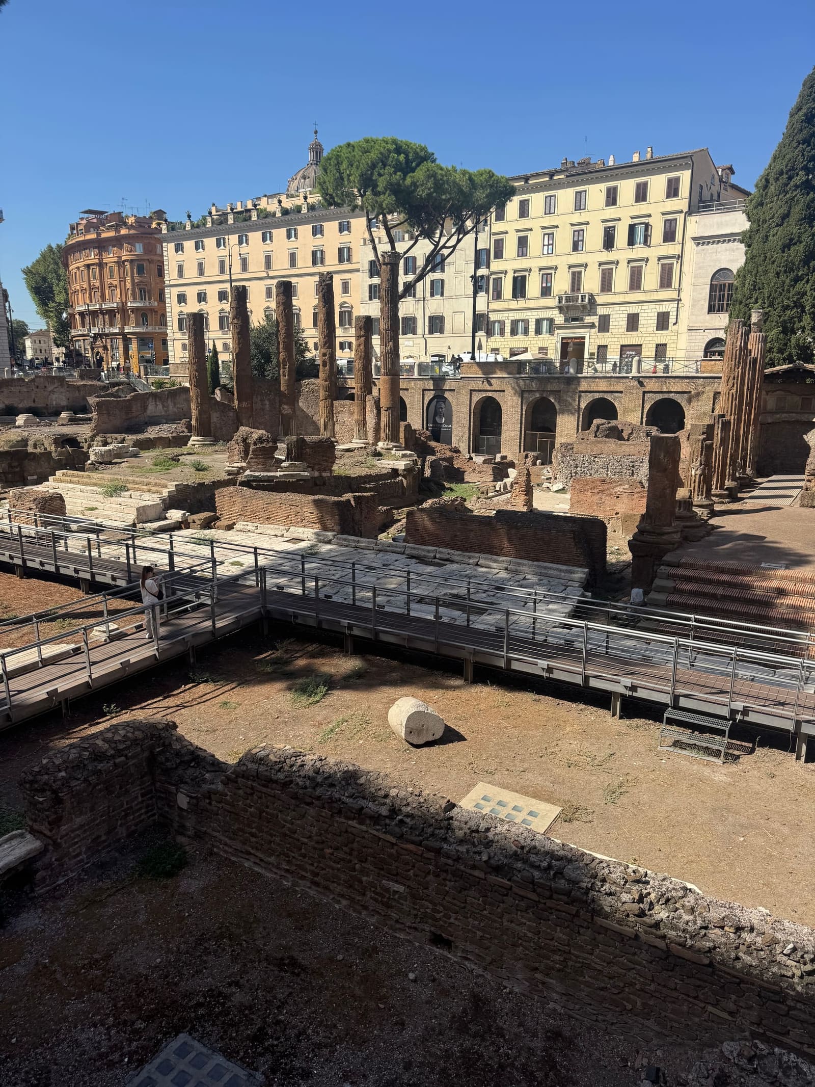l'Area Sacra di Torre Argentina dall'alto del parapetto, con la passerella nuova che scende dentro e i palazzi che le stanno intorno
