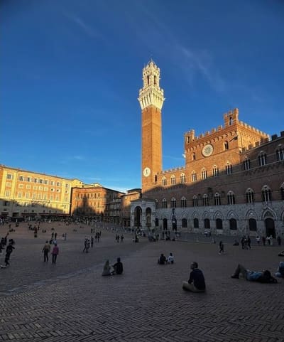 la conca di Piazza del Campo con la Torre del Mangia e il Palazzo Pubblico nel sole del tardo pomeriggio