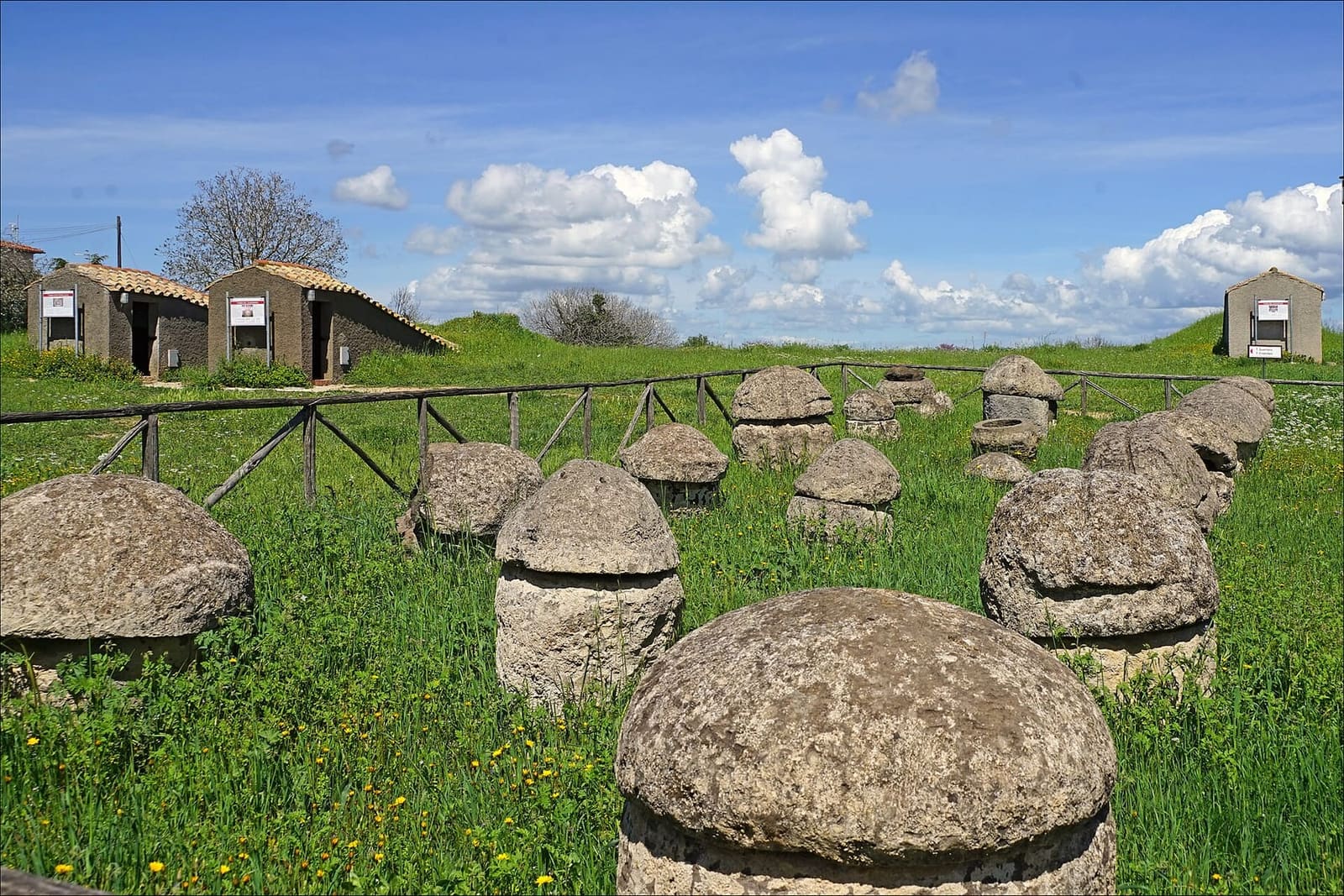 il prato in cima ai Monterozzi: in primo piano le coperture di pietra dei pozzetti villanoviani, più antichi delle tombe dipinte, e in fondo i casotti che fanno da ingresso alle camere