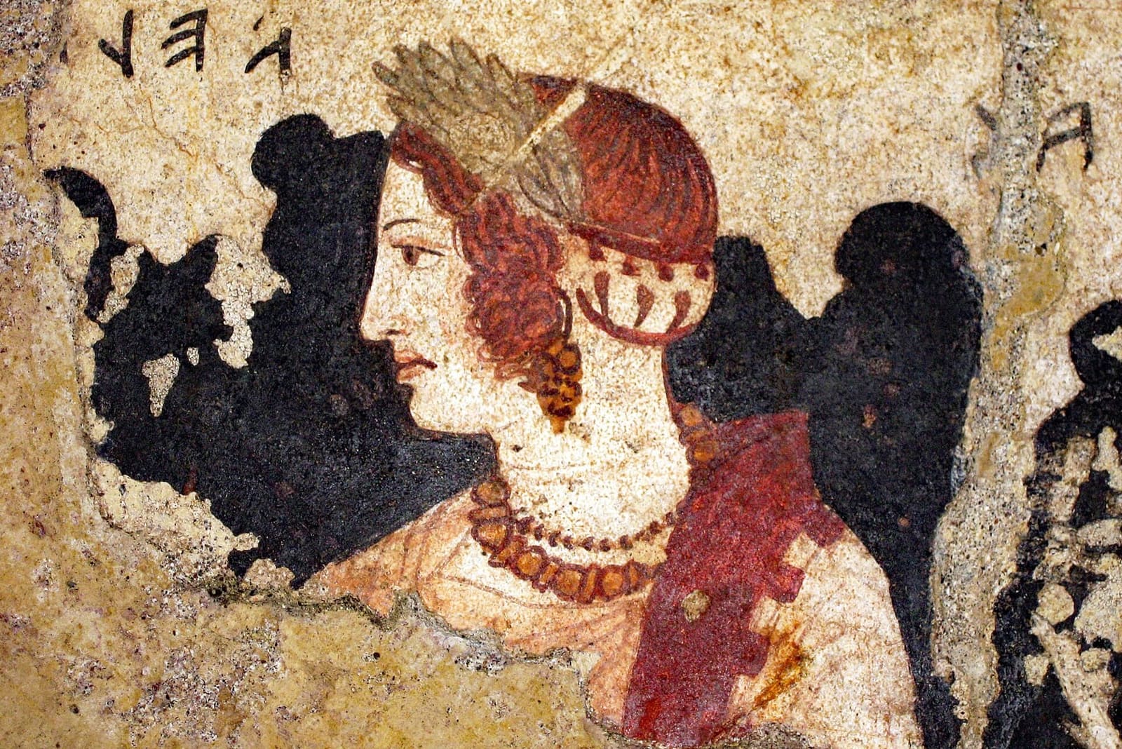 il profilo di Velia nella Tomba dell'Orco, la donna con la corona di foglie, l'orecchino a grappolo e la collana, e sopra il suo nome in etrusco: la tomba non è nel percorso ordinario
