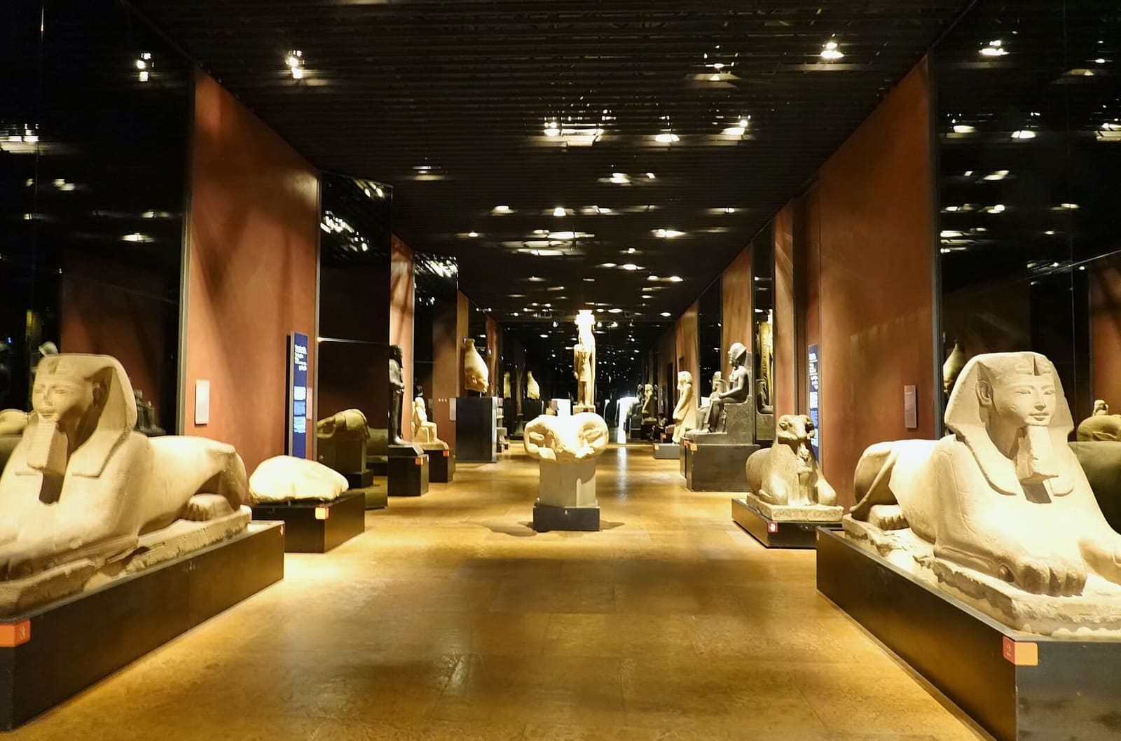 la Galleria dei Re del Museo Egizio, con le sfingi e le statue dei faraoni nella penombra