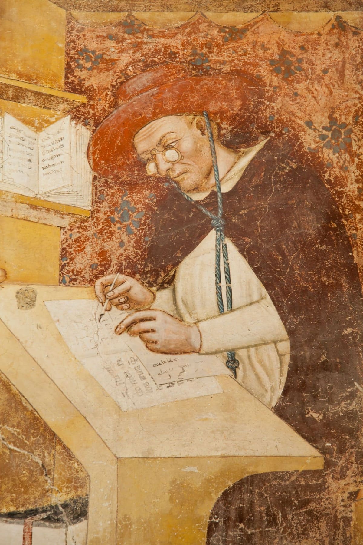 der Kardinal Ugo di Provenza mit der Brille, 1352 von Tomaso da Modena im Kapitelsaal der Dominikaner gemalt