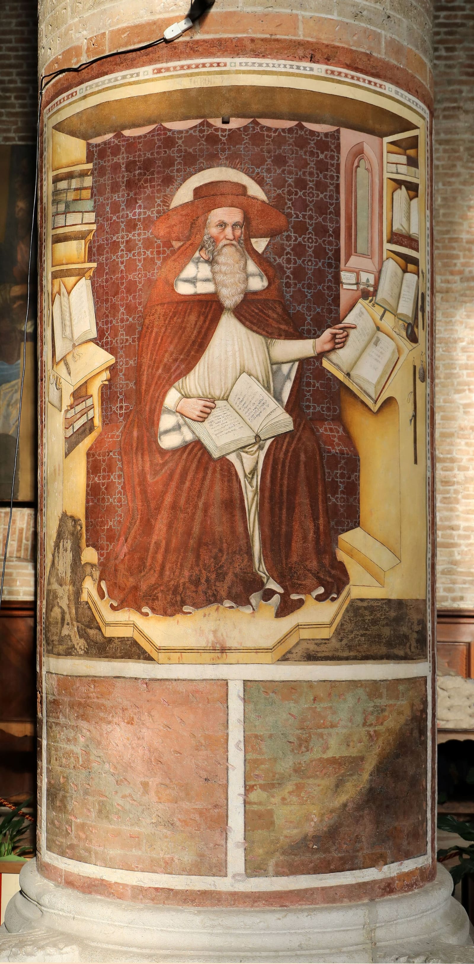 der heilige Hieronymus im Studierzimmer, Fresko von Tomaso da Modena an einer Säule von San Nicolò