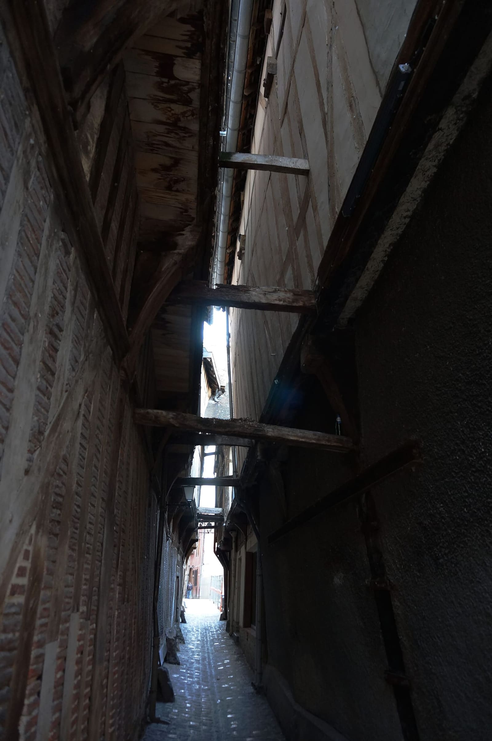 la ruelle des Chats, così stretta che le case a graticcio si reggono con puntelli di legno