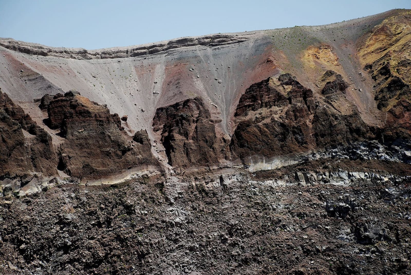la parete del cratere, con i colori della roccia e i canali di detriti