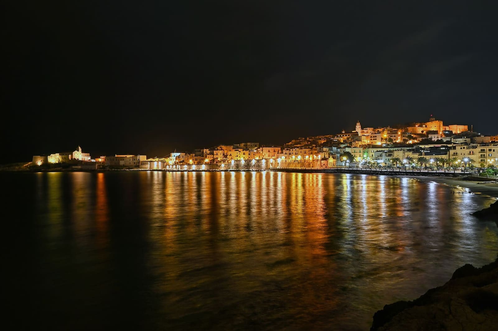 Vieste di notte vista dalla spiaggia, con le luci sull'acqua